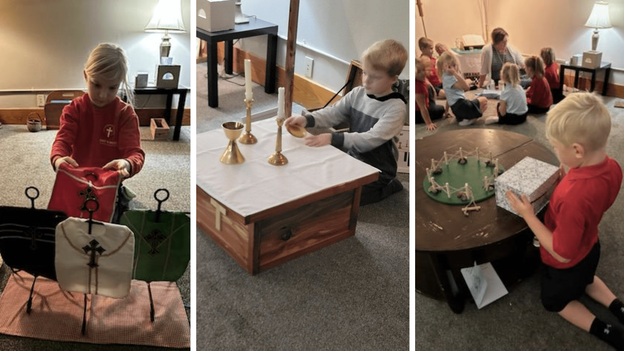 Collage of children in a church classroom engaged in crafts: a boy in red folds fabric, a table with candles for a ritual, and a group of kids seated on the floor with a teacher nearby.