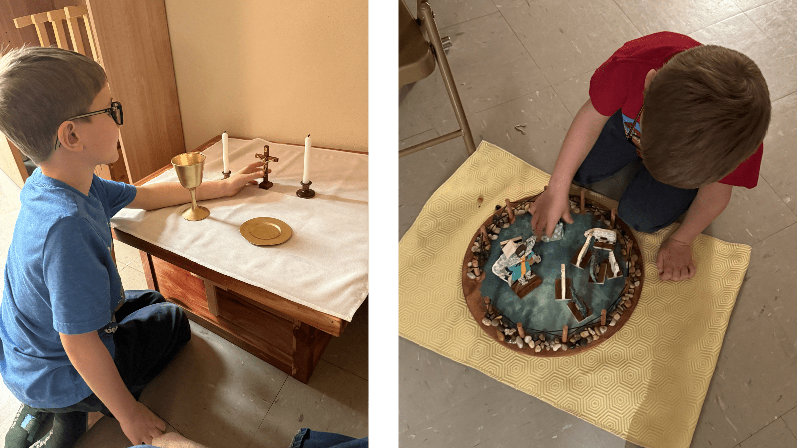 Child in a blue shirt kneels at a small table altar with a brass chalice, two candlesticks, and a crucifix; a second child arranges a nativity scene on a yellow mat nearby.