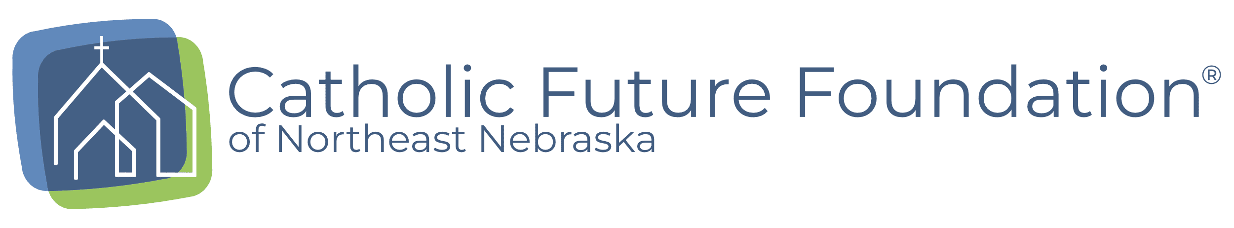 Logo for Catholic Future Foundation of Northeast Nebraska with a white church outline on layered blue and green rounded shapes